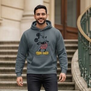 Disney Mickey Mouse Mens Pullover Hoodie Slate Blue Distressed Graphic Large